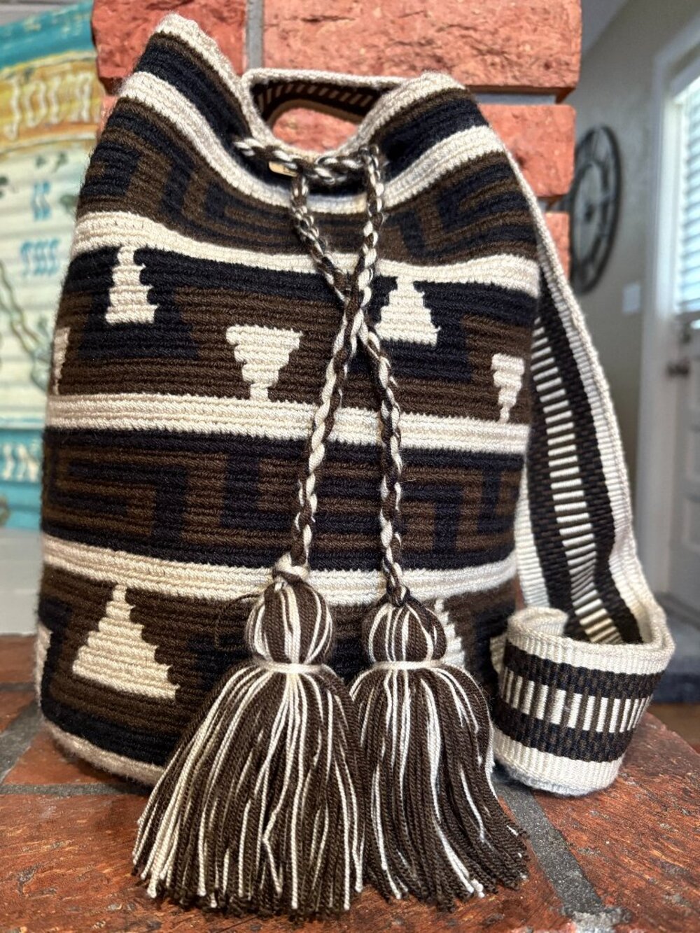 Wayuu-style woven Mochila bag featuring traditional geometric motifs